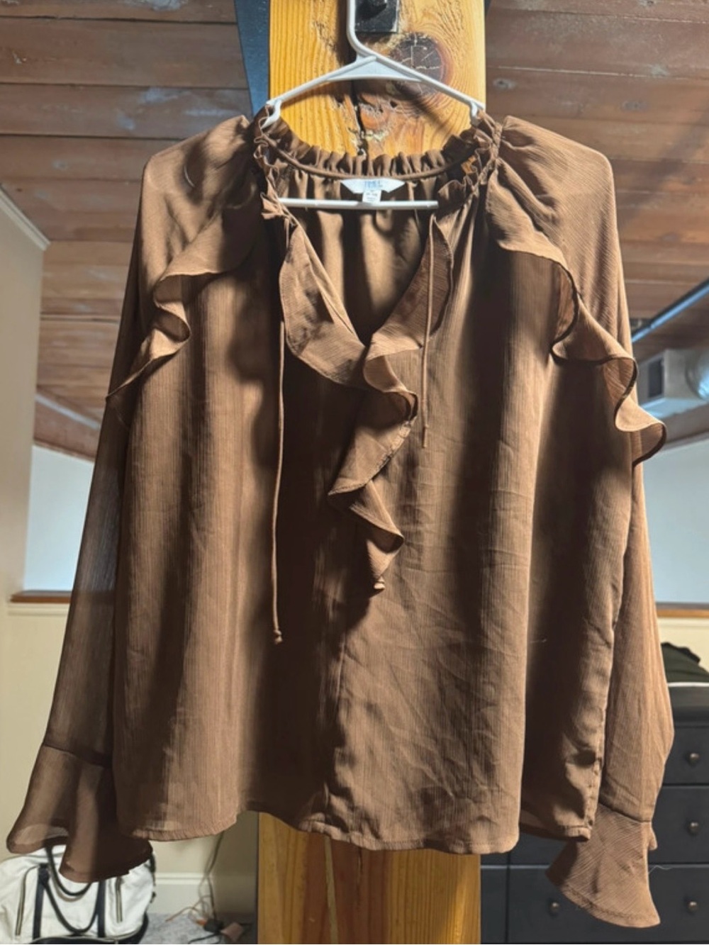 Time and Tru Brown Ruffle Tie-Neck Blouse